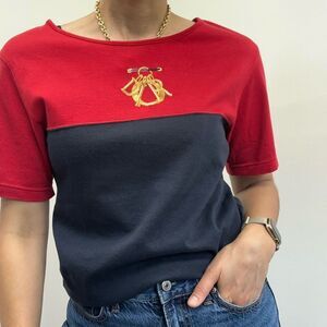 Christian DIOR Vintage 90’s Logo Embroidered Color Block Red & Blue Tee Size M